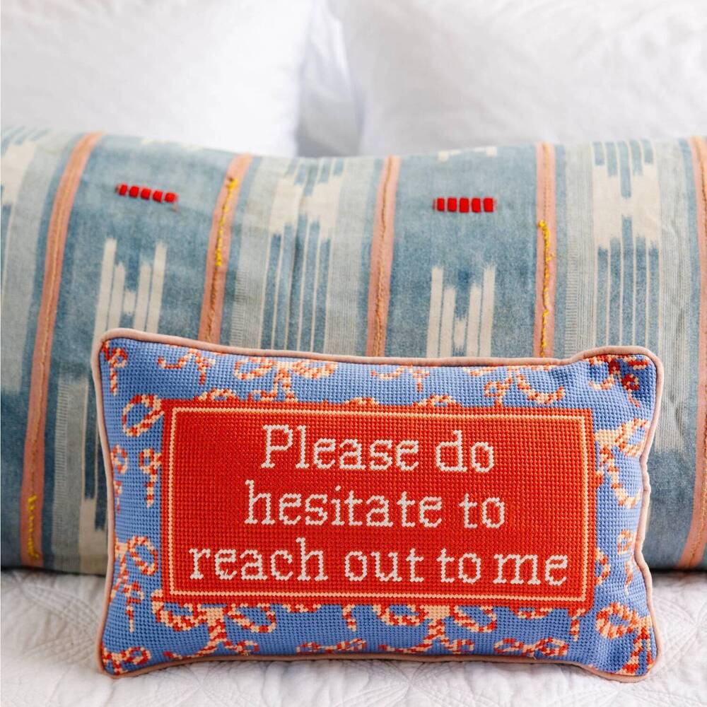 NEW FURBISH STUDIO hesitate needlepoint pillow in blue